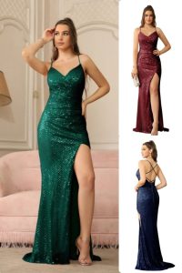 Sexy V-Neck Glitter Sequined Spaghetti Straps Floor-Length Mermaid Prom Dress