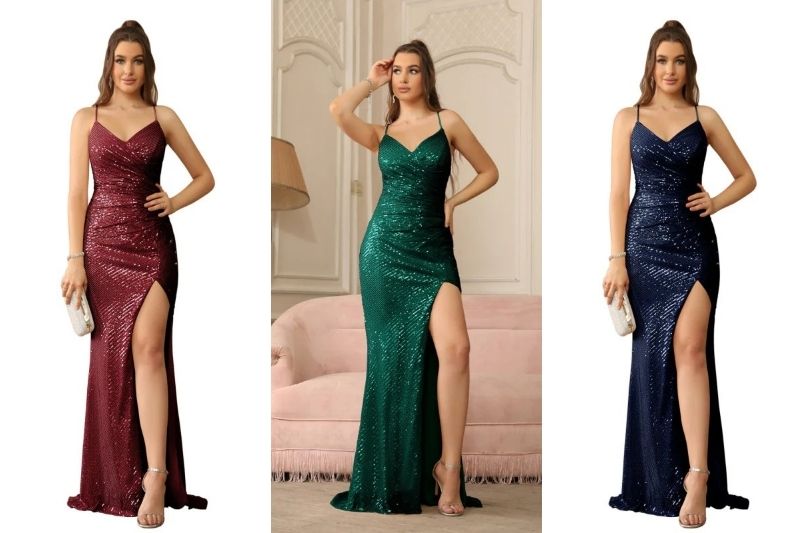 Glitter Sequined Mermaid Prom Dress – Sexy V-Neck Spaghetti Straps Floor-Length