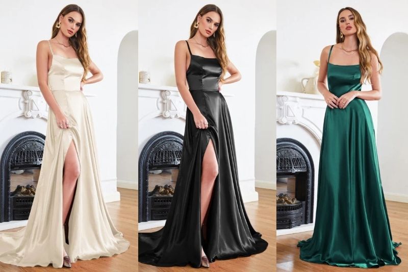 Square Neck Prom Dress – Stunning A-Line Square Neck Spaghetti Straps Satin Prom Dress with Slit